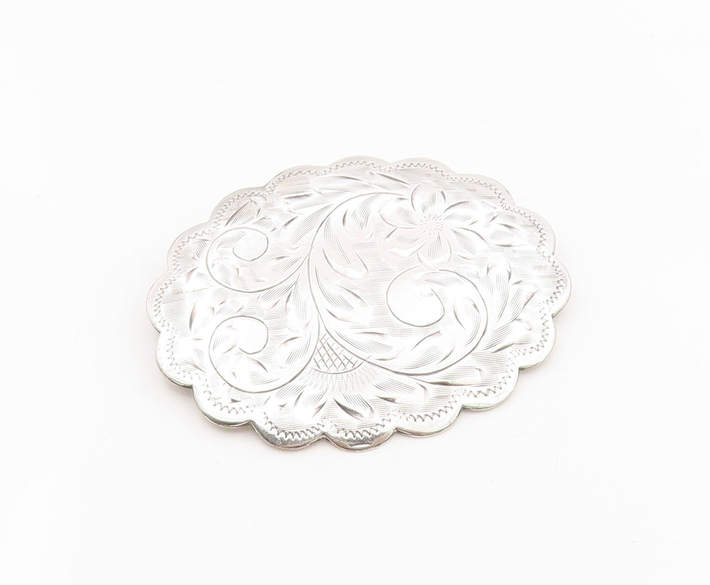 925 Sterling Silver Vintage Brooch Engraved Swirly Floral Scalloped Pin  BP12106