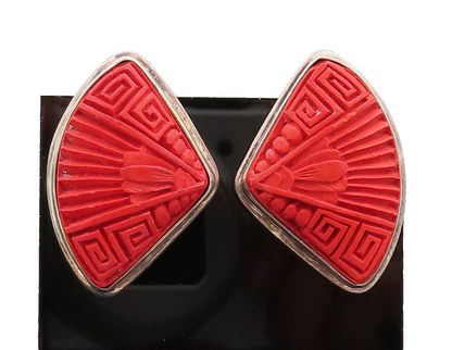 SAJEN 925 Sterling Silver Vintage Carved Fan shape Red Quartz Earrings EG12597