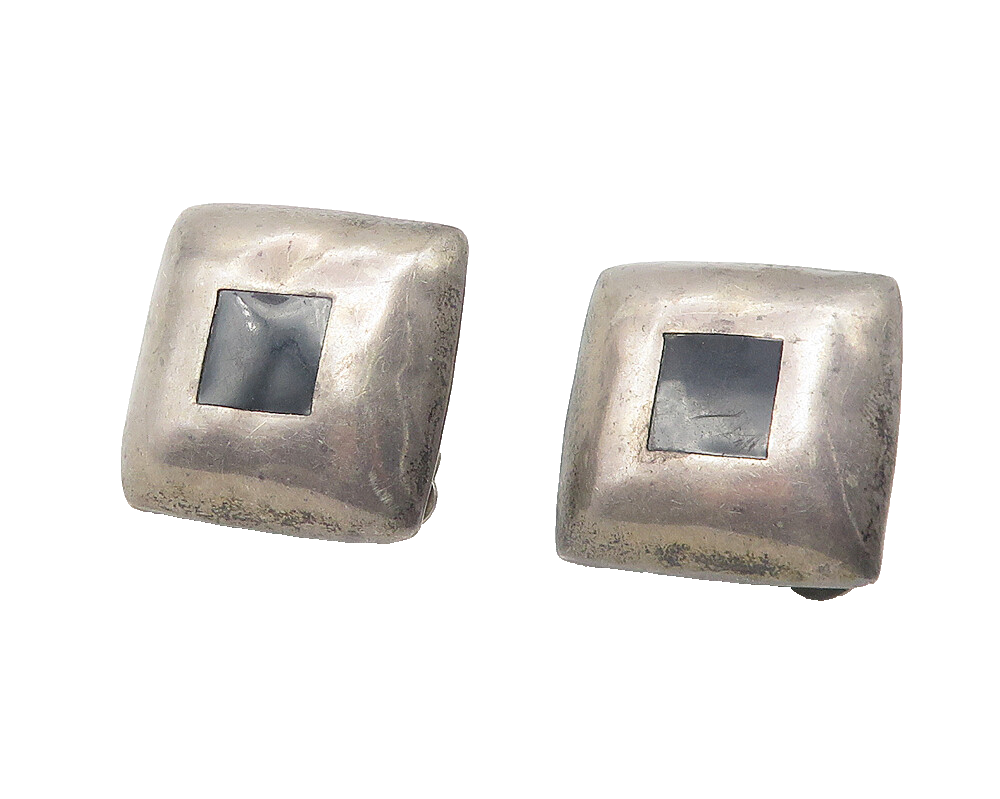 925 Sterling Silver  Vintage Inlaid Black Onyx Non Pierce Earrings  EG6019
