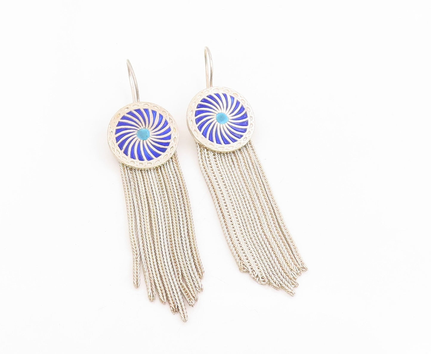 925 Sterling Silver Vintage Earrings Classic Blue Enamel Tassel Drops  EG13977