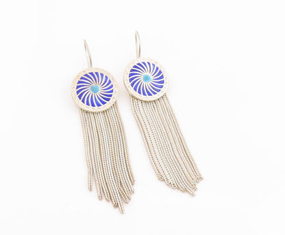 925 Sterling Silver Vintage Earrings Classic Blue Enamel Tassel Drops  EG13977