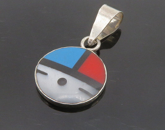 ZUNI 925 Silver  Vintage Mother Of Pearl Turquoise & Coral Pendant  PT10579