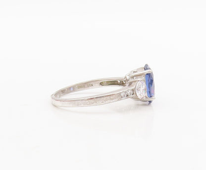 925 Sterling Silver Vintage Ring Oval Sapphire Round CZ Sidestone Sz 7.5 RG29042