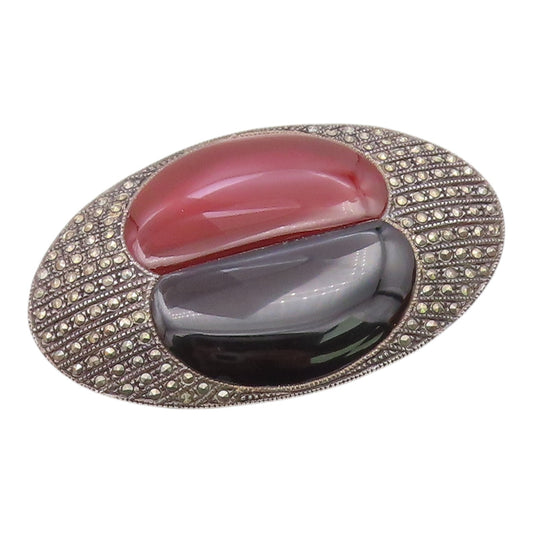 925 Silver  Vintage Carnelian Black Onyx & Marcasite Oval Brooch Pin  BP6445