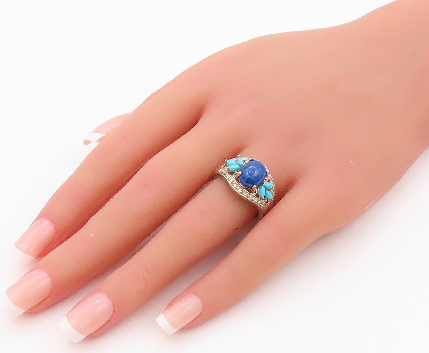 925 Sterling Silver Vintage Ring Diamonds, Turquoise & Lapis lazuli SZ 8 RG32091