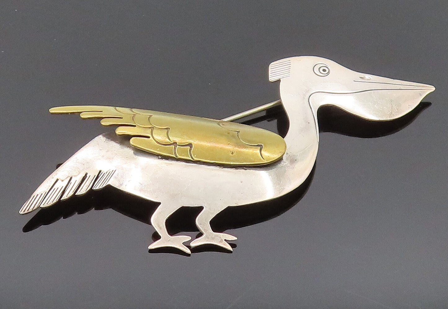 MEXICO 925 Sterling Silver Vintage Two Tone Pelican Bird Brooch Pin BP10139