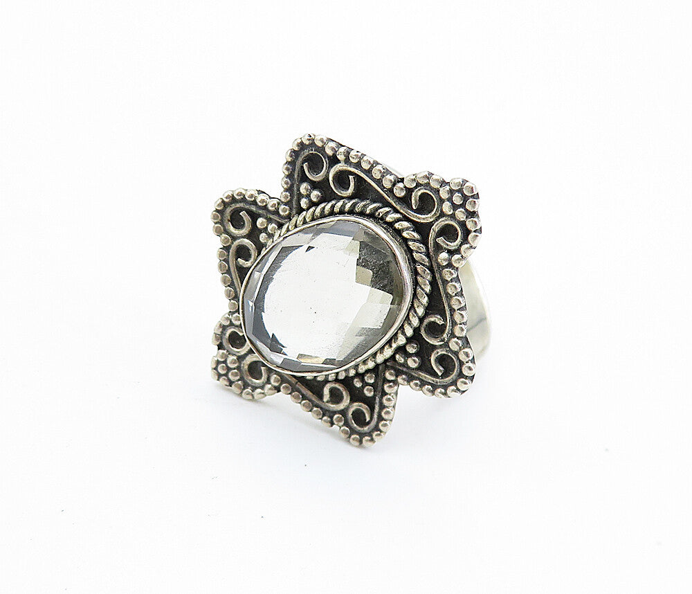 925 Sterling Silver  Vintage Topaz Swirl Border Cocktail Ring Sz 7.5  RG7853