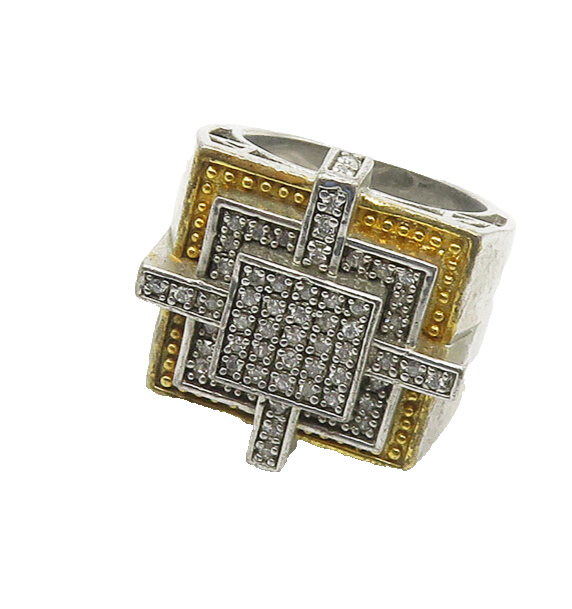 925 Sterling Silver  Vintage Topaz Two Tone Square Cocktail Ring Sz 9  RG18306