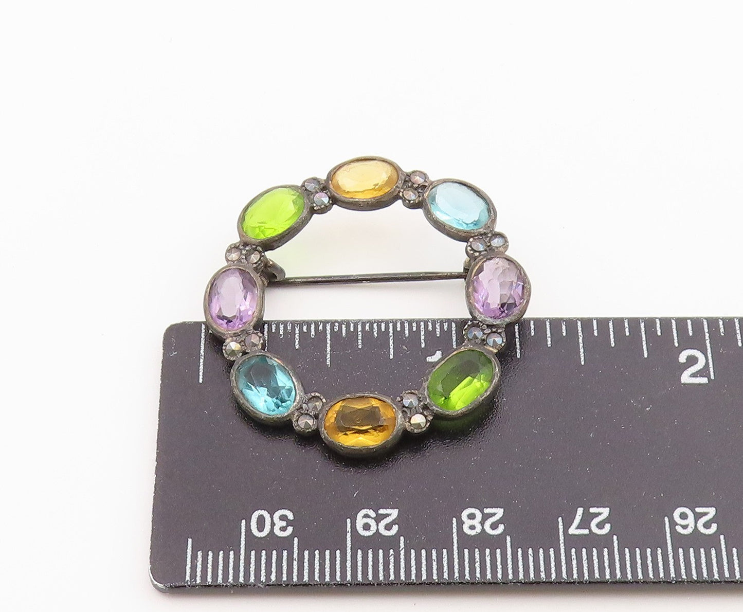 925 Sterling Silver Vintage Brooch Pin Multi Gemstone Circle Wreath  BP12586