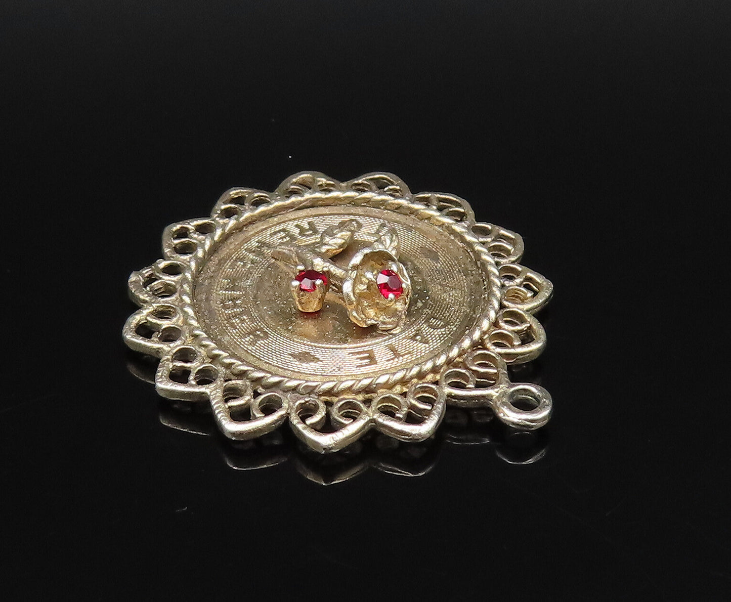 925 Sterling Silver Vintage Date To Remember Garnet Flower Medal Pendant PT21859