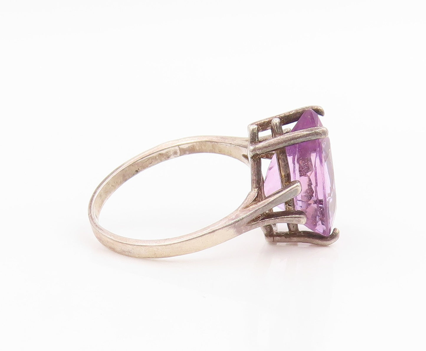 925 Sterling Silver Vintage Ring Pear Cut Amethyst Solitaire Band Sz 7.5 RG35839