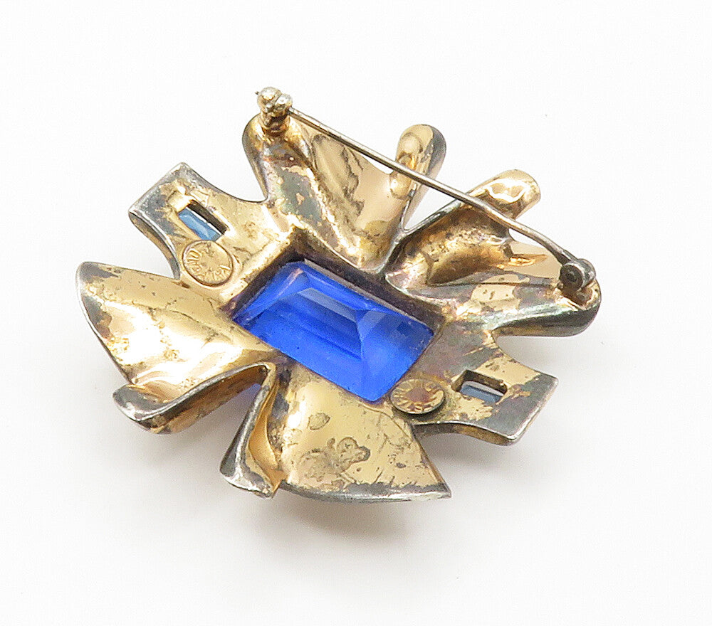 925 Sterling Silver  Vintage Blue Topaz & Cubic Zirconia Brooch Pin  BP5841