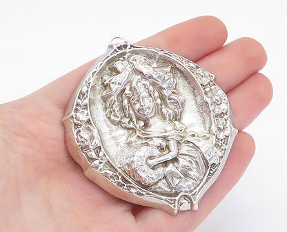 925 Sterling Silver  Vintage Woman Figure Floral Border Brooch Pin  BP1866