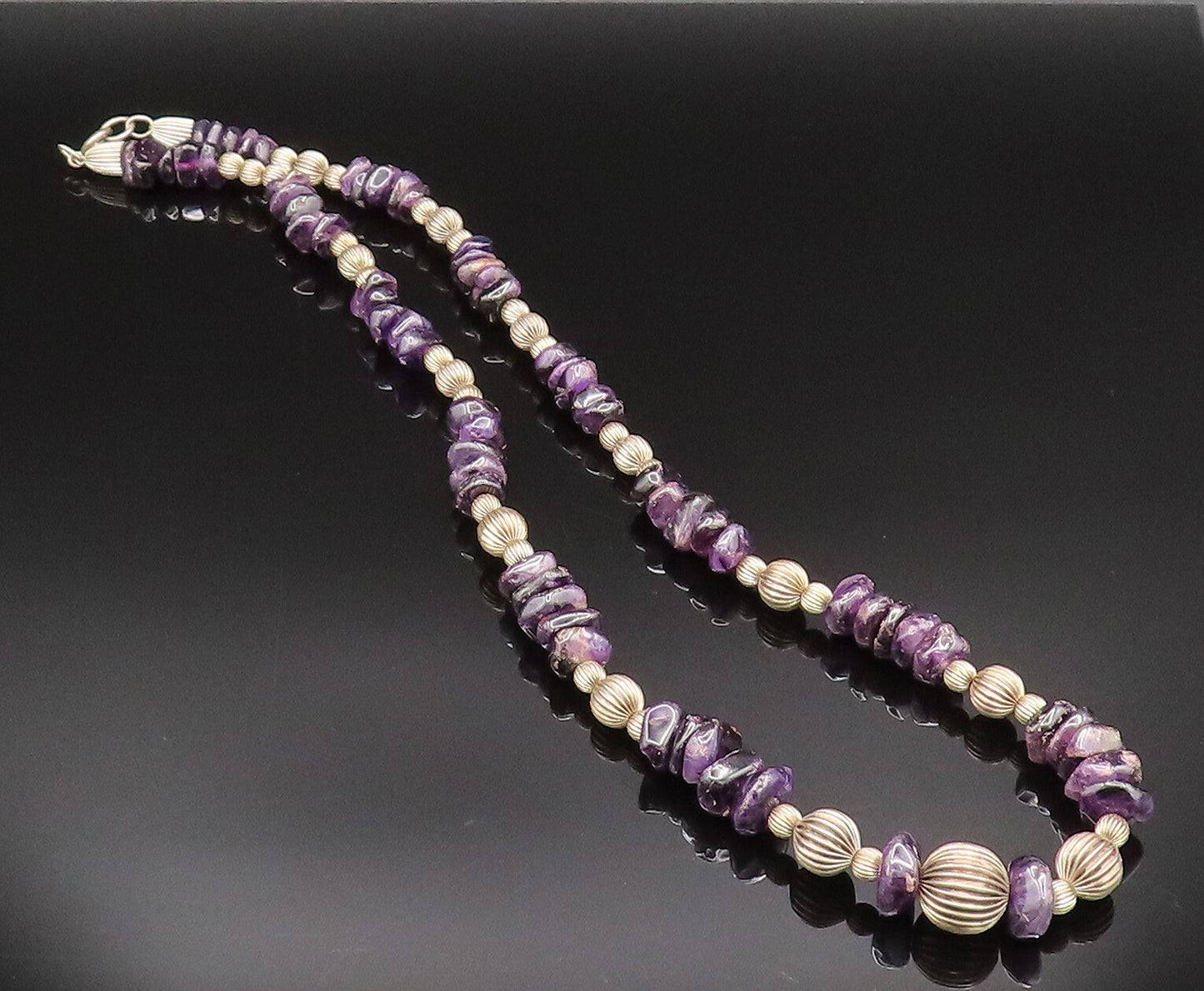 925 Sterling Silver  Vintage Ribbed Sphere & Charoite Pattern Necklace  NE3909