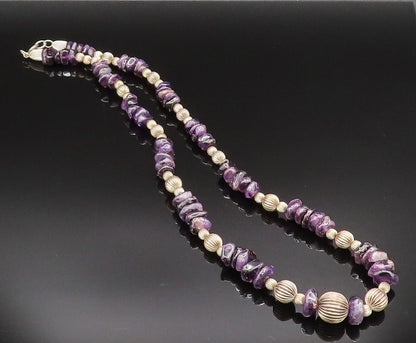 925 Sterling Silver  Vintage Ribbed Sphere & Charoite Pattern Necklace  NE3909