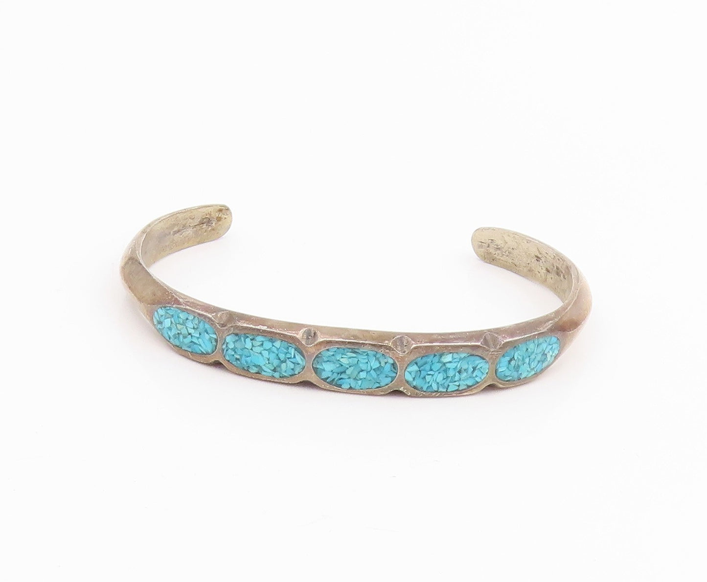 925 Sterling Silver Vintage Bracelet NAVAJO ZUNI Crushed Turquoise Inlay BT11618