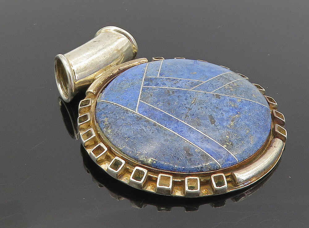 925 Sterling Silver  Vintage Lapis Lazuli Pattern Round Slide Pendant  PT6414
