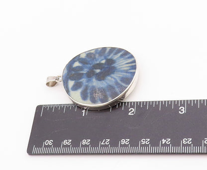 925 Sterling Silver Vintage Pendant Large Round Blue Chinese Ceramic  PT24566