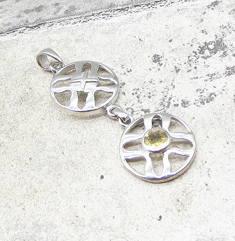 925 Sterling Silver  Faceted Citrine Linked Cross Wheels Drop Pendant  PT1530