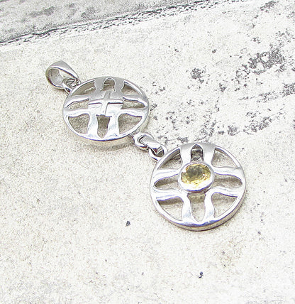 925 Sterling Silver  Faceted Citrine Linked Cross Wheels Drop Pendant  PT1530