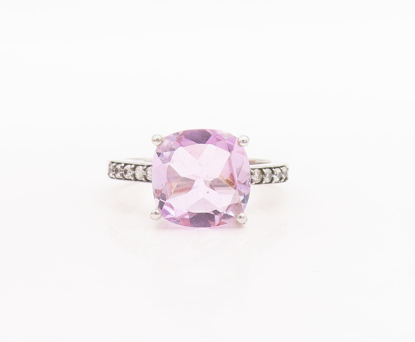 925 Sterling Silver Vintage Ring Round Cut Amethyst Diamonds Inlay Sz 7  RG29255