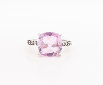 925 Sterling Silver Vintage Ring Round Cut Amethyst Diamonds Inlay Sz 7  RG29255
