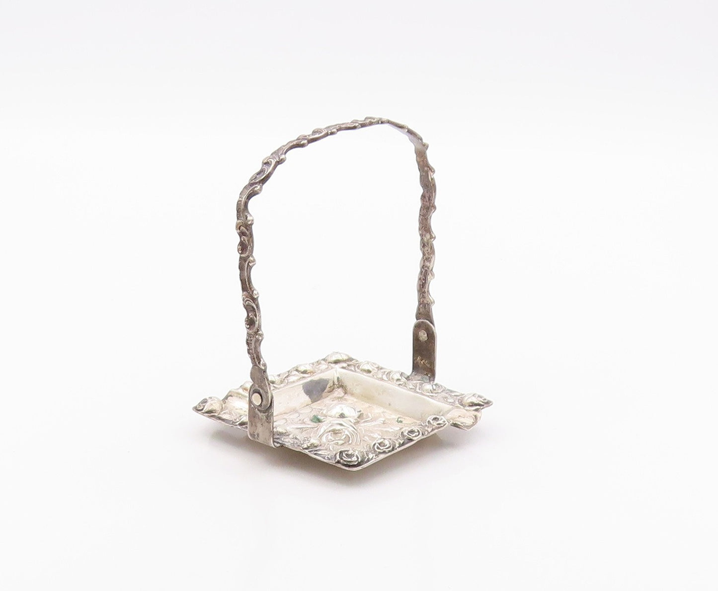 925 Sterling Silver  Vintage Shiny Floral Ash Tray With Handle  TR2850