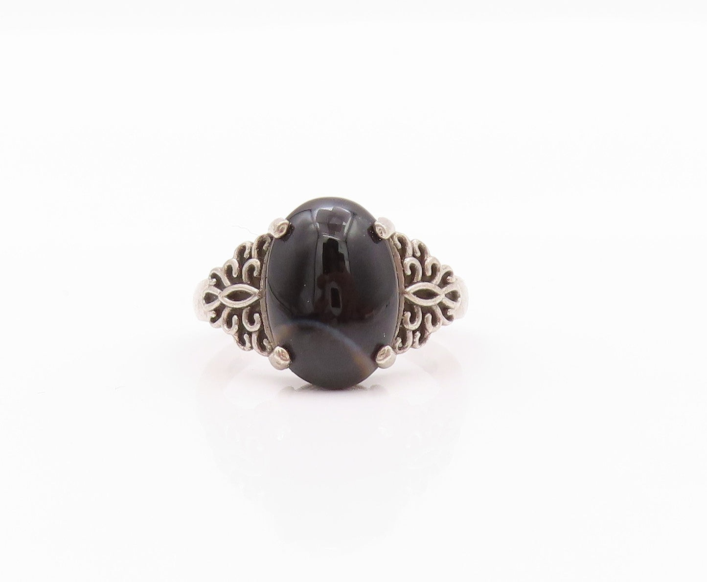 925 Sterling Silver Vintage Ring Floral Carved Cabochon Gemstone  SZ 8  RG32238