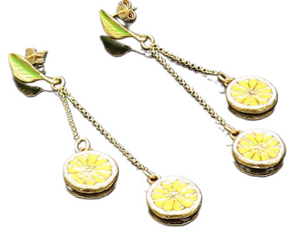 925 Sterling Silver Vintage Enamel Leaf & Lemon Slices Dangle Earrings EG11916