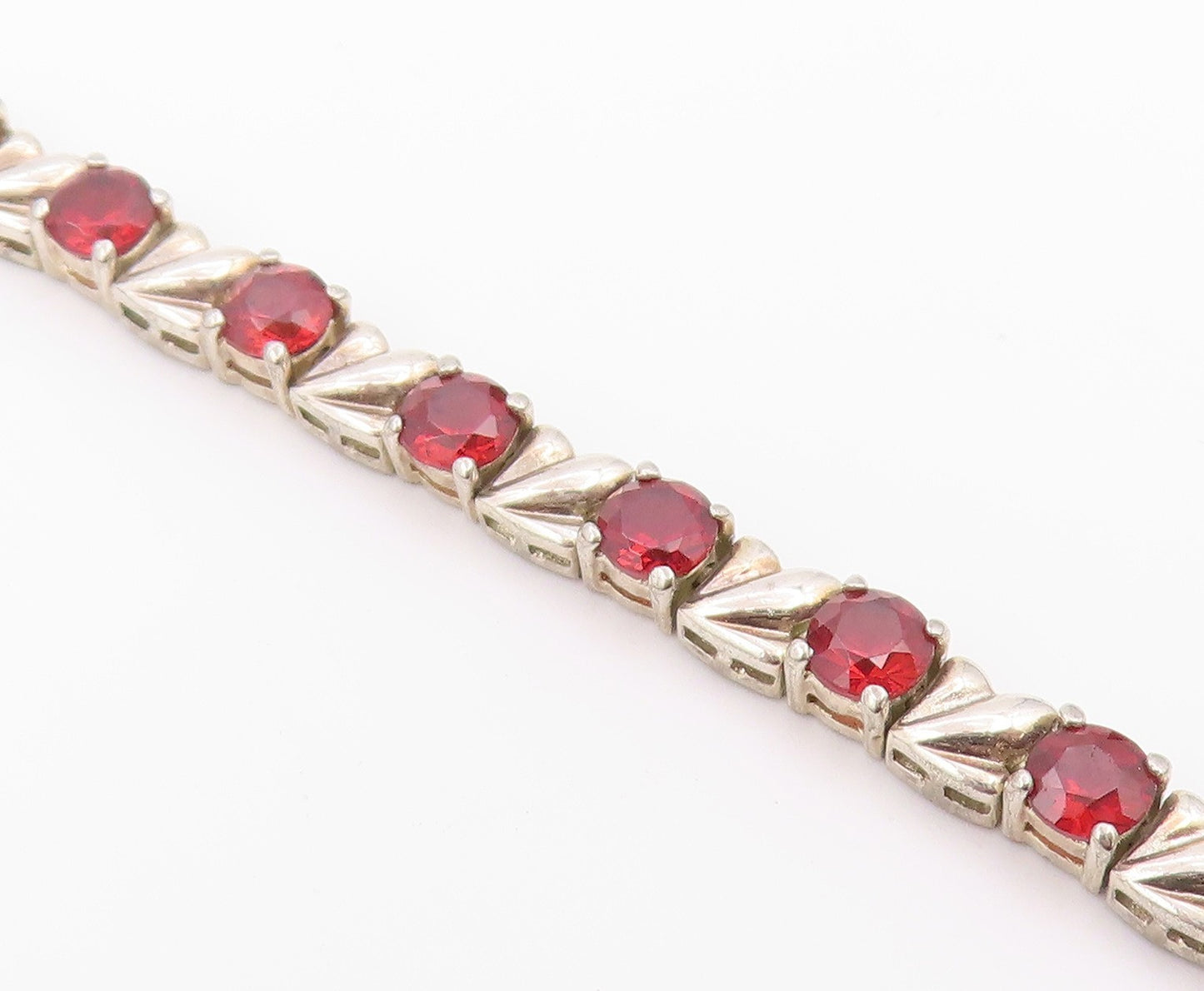 925 Sterling Silver Vintage Bracelet Classic Round Cut Garnet Link  BT12174