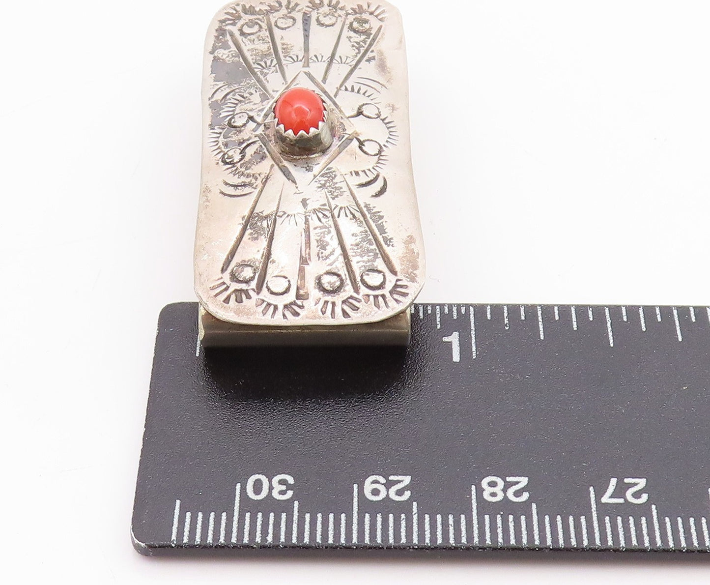 925 Sterling Silver Vintage Money Clip NAVAJO Zuni Carnelian Etched Pin  TR3959