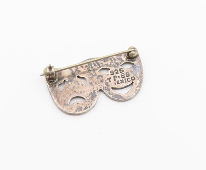 MEXICO 925 Sterling Silver  Vintage Dramatic Theater Mask Brooch Pin  BP3276