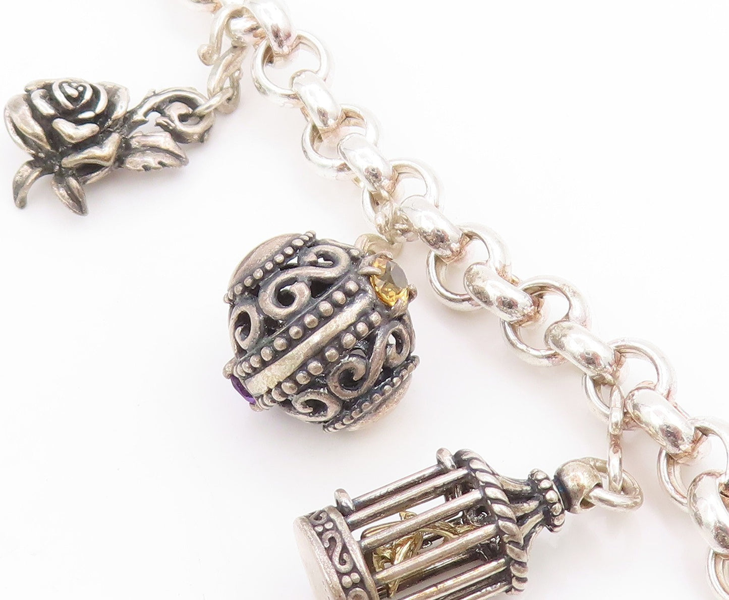 925 Sterling Silver Vintage Bracelet Multi Gemstone Storyteller Charms  BT11757