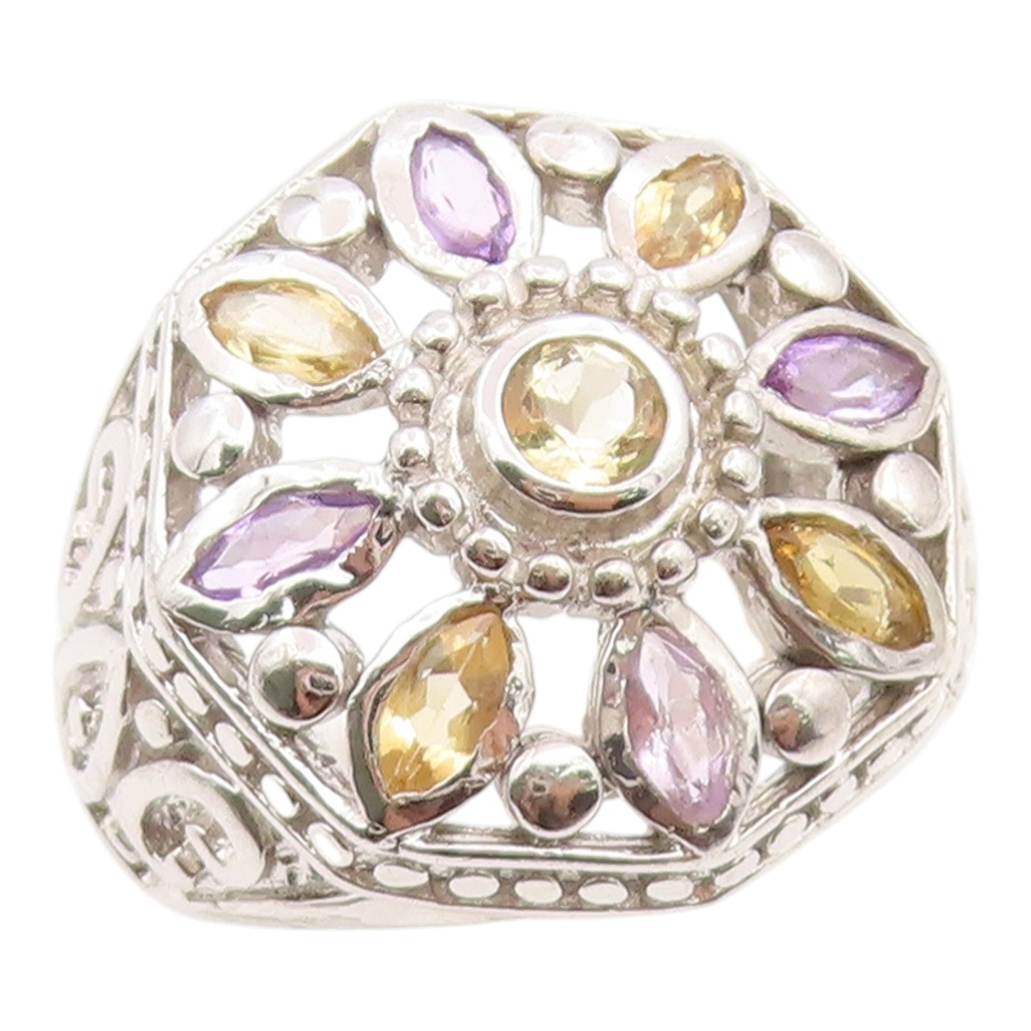 925 Sterling Silver Vintage Ring Amethyst & Citrine Floral Band  Sz 8.5  RG36069