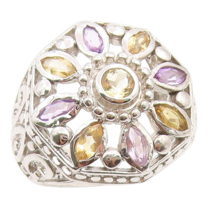 925 Sterling Silver Vintage Ring Amethyst & Citrine Floral Band  Sz 8.5  RG36069