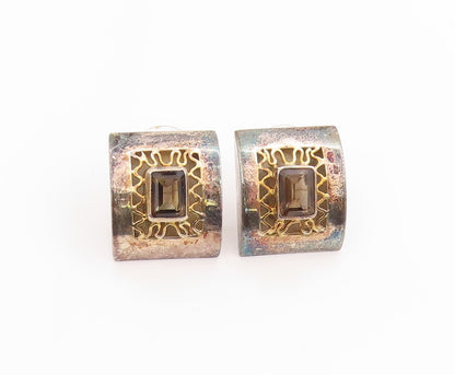 925 Sterling Silver Vintage Earrings Smoky Quartz Geometric Cut Out Stud EG13709
