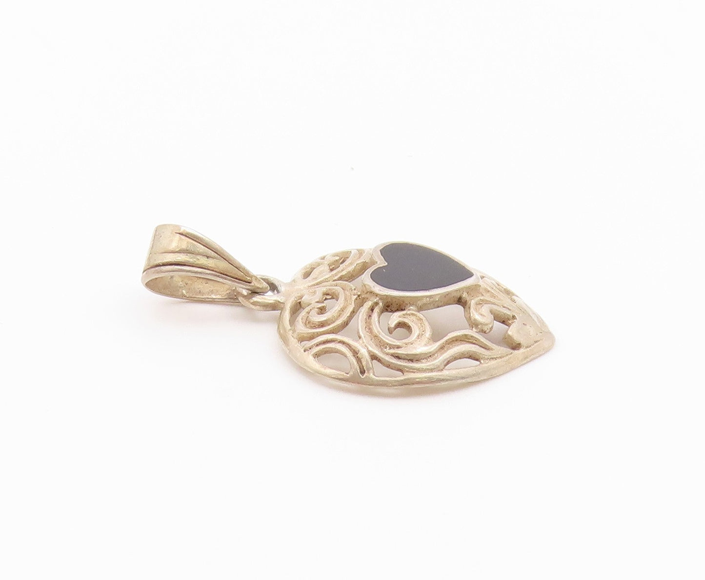 925 Sterling Silver  Vintage Black Onyx Love Heart Swirl Dome Pendant  PT17581