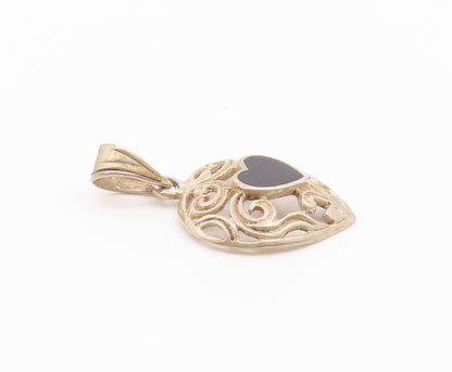 925 Sterling Silver  Vintage Black Onyx Love Heart Swirl Dome Pendant  PT17581