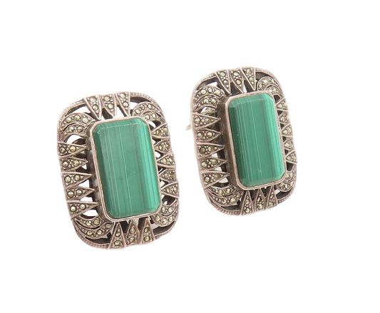 925 Silver  Vintage Malachite Halo Teeth like Marcasite Earrings  EG12609