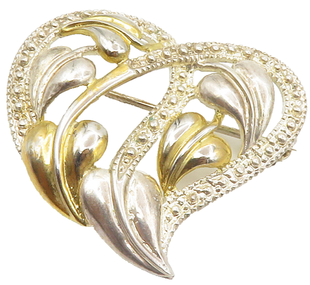 925 Sterling Silver  Vintage Shiny Floral Leaf Love Heart Brooch Pin  BP5315