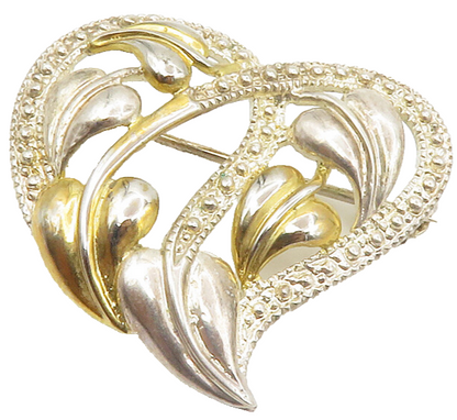 925 Sterling Silver  Vintage Shiny Floral Leaf Love Heart Brooch Pin  BP5315
