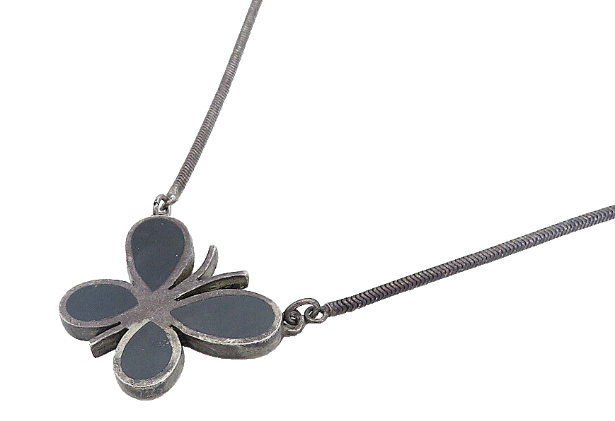 925 Silver Vintage Inlaid Black Onyx Butterfly Oxidized Chain Necklace NE1358