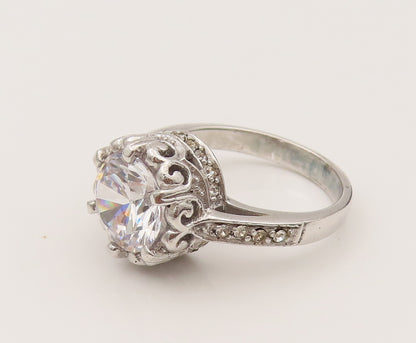 925 Silver  Vintage Dancing Cubic Zirconia Scrollwork Halo Ring Sz 7.5 RG26492
