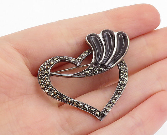925 Sterling Silver  Vintage Black Onyx & Marcasite Heart Brooch Pin  BP2298