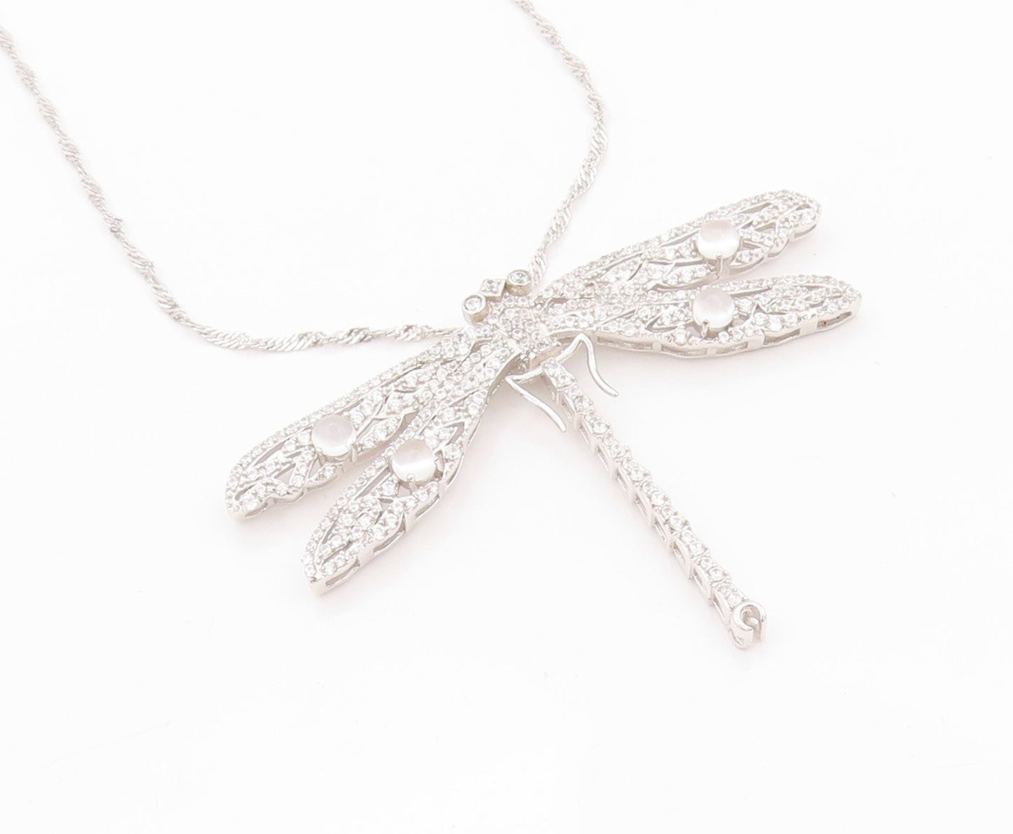 925 Sterling Silver Vintage Necklace Designer Cat's Eye & CZ Dragonfly  NE4521