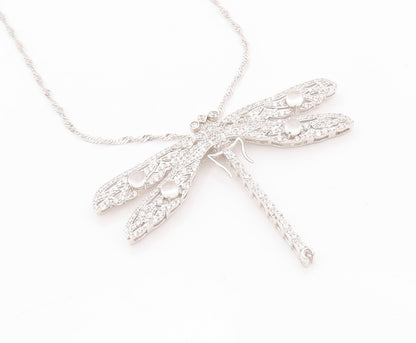 925 Sterling Silver Vintage Necklace Designer Cat's Eye & CZ Dragonfly  NE4521