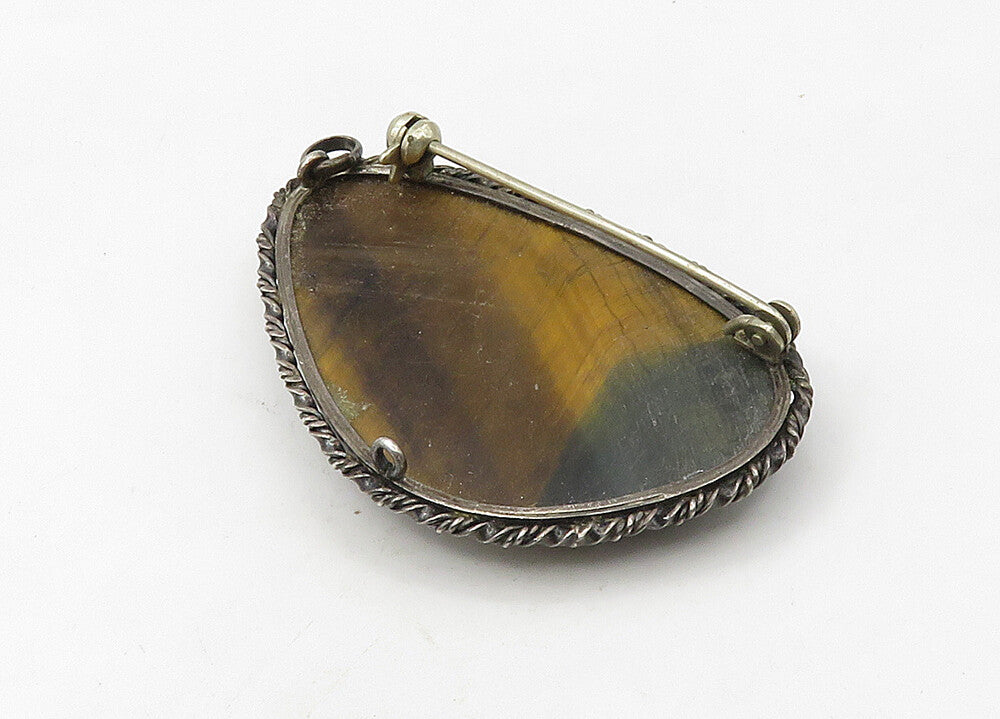 925 Sterling Silver  Vintage Cabochon Tiger's Eye Twist Brooch Pin  BP8410
