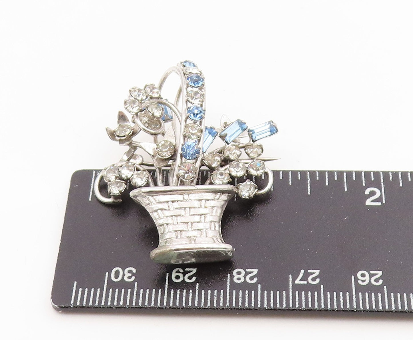 925 Sterling Silver Vintage Brooch CARL ART Rhinestone Flower Basket Pin BP12121