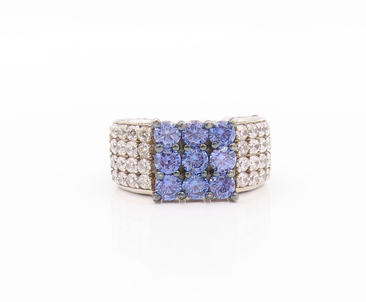 925 Sterling Silver Vintage Ring Modernist Blue & White CZ Inlay  Sz 8  RG32640