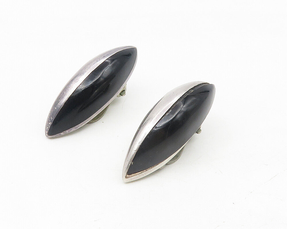 GMH MEXICO 925 Silver  Vintage Inlaid Onyx Dome Non Pierce Earrings  EG5565